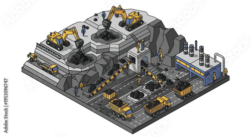 Isometric coal mine with excavators trucks and processing plant.
