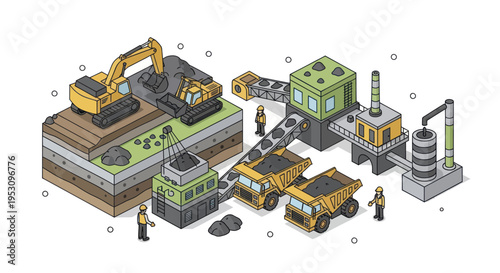 Isometric Coal Mining and Processing Plant Illustration.