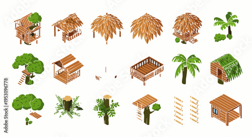 Isometric collection of tropical wooden huts, treehouses, thatched roofs, palm trees, and natural elements for game design or infographic assets, isolated on white.