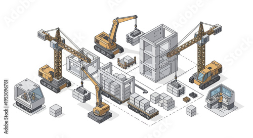 Isometric Construction Site with Cranes and Building Elements.