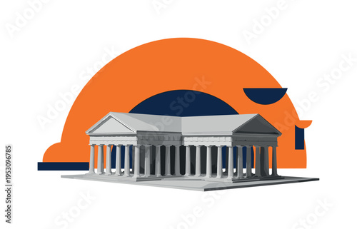 Black and white architectural archway standing alone with a deep hollow passage, bold semicircles and linear beams reinforcing depth illusion, flat yellow and