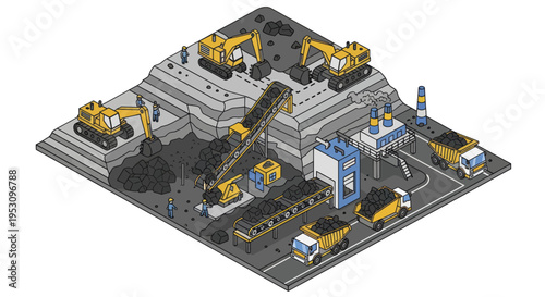 Isometric Coal Mining Operation with Excavators and Trucks.