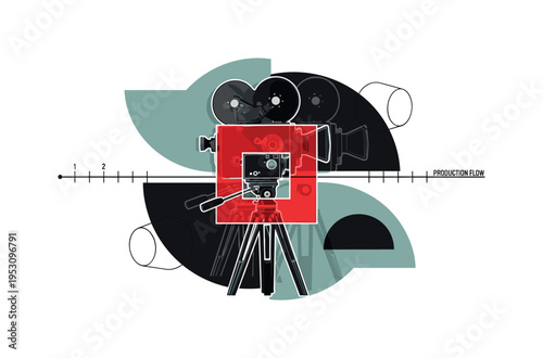 Black and white film camera on tripod duplicated slightly offset creating layered motion effect, bright red square intersecting the midsection, abstract