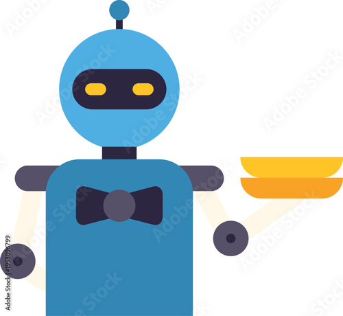 Robot butler wearing a bowtie, holding plates, offering automated service