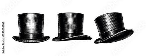 Hat top hat A realistic top hat with tall cylindrical crown and flat brim shown in three views: front view, side profile, and angled view, emphasizing rigid