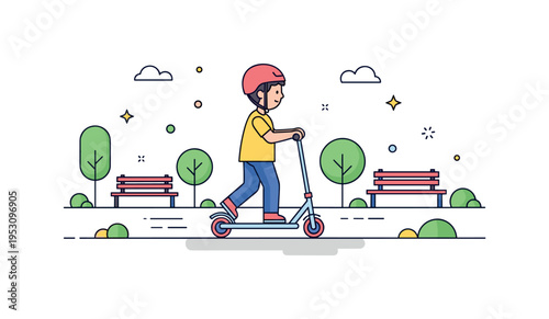 A child riding a kick scooter along a park path with small trees and benches in the background, illustrating playfulness, exercise, and safe urban movement.