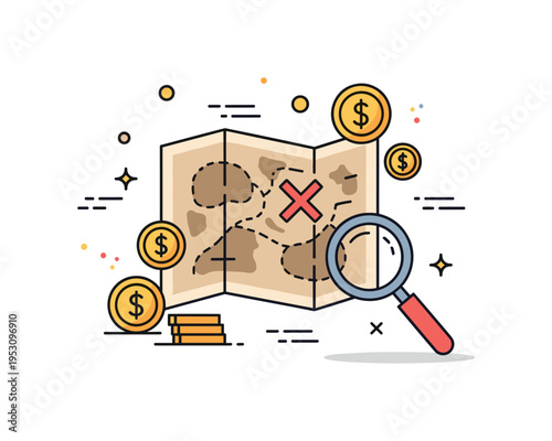 Treasure map with X marking the spot, scattered gold coins, and magnifying glass nearby, illustrating planning, adventure, and pursuit of hidden riches.