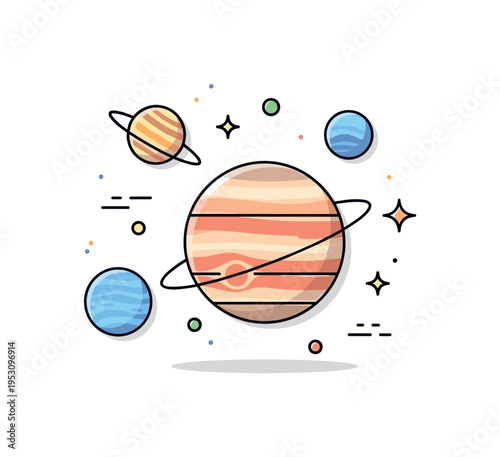 Gas giants concept centered on a large striped planet with a subtle ring accent and three smaller giant planet icons nearby, symbolizing Jupiter, Saturn,