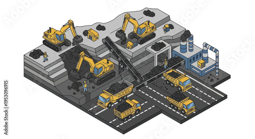 Isometric Construction Site with Heavy Machinery and Trucks.