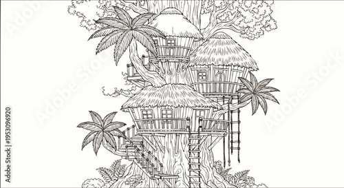 Intricate line art illustration of multiple fantasy treehouses nestled in a lush jungle tree, perfect for coloring books or nature themes.
