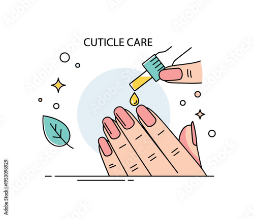 Cuticle care illustrated through a neatly manicured hand with a small drop of nourishing oil applied at the nail base, accented by subtle leaf and sparkle