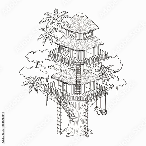 Detailed line art illustration of a multi-level tropical treehouse with thatched roofs, balconies, ladders, and swings, surrounded by palm trees. Perfect for coloring books.