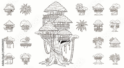 Detailed hand-drawn collection of tropical treehouses and jungle plants, line art illustrations for architectural designs, game assets, or coloring pages.
