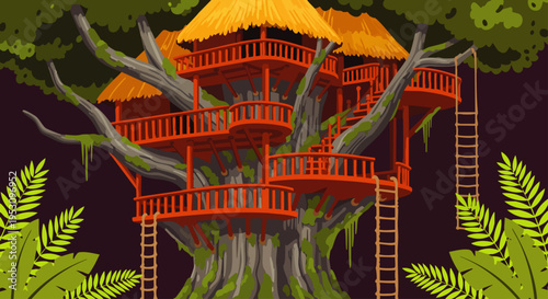 Detailed cartoon illustration of an elaborate multi-level treehouse in a vibrant tropical jungle, with thatched roofs, wooden balconies, and ladders.