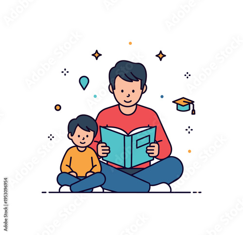Reading time together father seated with a child beside him holding an open book between them. A cozy micro scene expressing storytelling, education and
