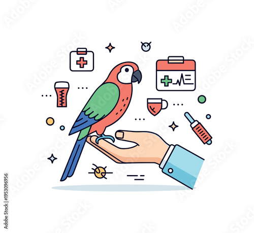 Exotic animal treatment concept featuring a small parrot perched calmly while a veterinarian hand gently supports it, with subtle medical symbols to convey