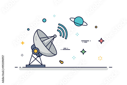 Deep space communication with a large satellite dish transmitting signals to distant planets, emphasizing advanced technology and interstellar connection.