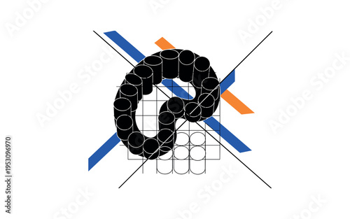 Black and white abstract embryo form constructed from geometric cylinders and grid overlays, sharp diagonal lines intersecting to symbolize boundaries and