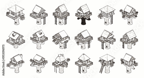 Collection of isometric line art treehouse designs, showcasing various architectural styles and creative concepts for fantasy and nature-themed projects.