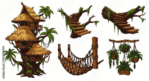 Fantasy jungle treehouse elements vector set. Cartoon wooden house, stairs, rope bridge, and hanging plants for game design or adventure illustrations.