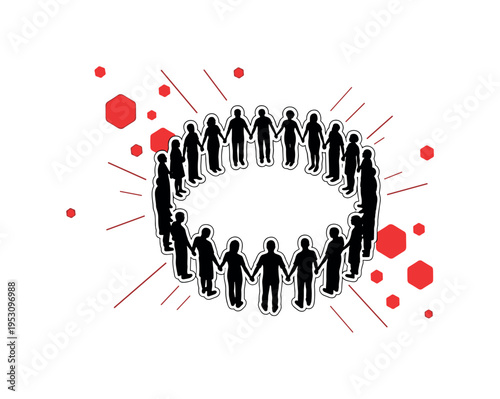 Black and white circle of people holding hands, positioned slightly off-center, surrounded by floating red square accents and thin diagonal lines symbolizing