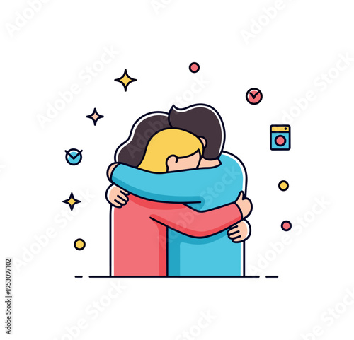 Friends hugging warmly at a farewell or reunion moment, capturing affection, loyalty, and the emotional bond between close companions. Minimalist flat vector