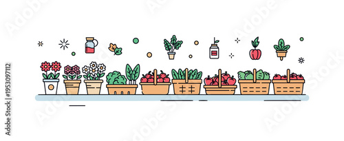 Farmers market scene with fresh flowers, herbs, and baskets of produce displayed neatly, capturing community, freshness, and sustainable shopping. Minimalist
