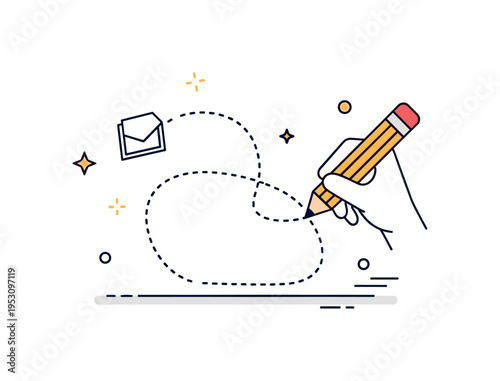 Creative tracing exercise illustrated by a dotted outline of a simple shape with a pencil poised to follow the path, expressing learning, practice, and gradual
