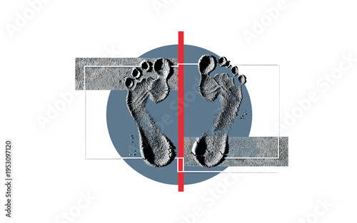 Black and white child and adult footprints side by side in sand, large muted blue circle behind symbolizing shared memory, thin red vertical stripe dividing