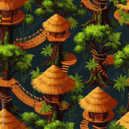 Whimsical Treehouse Village Seamless Pattern: Jungle Adventure, Nature, and Childhood Dreams