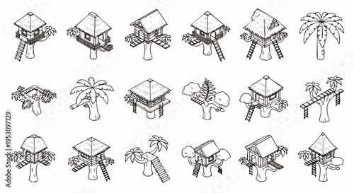 Collection of isometric treehouse illustrations, hand-drawn style, perfect for games, children's books, and design projects.