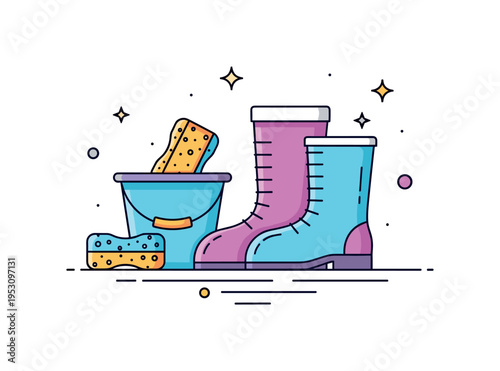Spring cleaning outdoors boots placed near a bucket and sponge with subtle sparkle accents suggesting fresh start. A neat editorial badge about renewal and