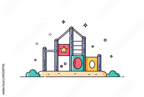 Urban playground corner featuring a colorful jungle gym structure with subtle star accents and a soft ground base, symbolizing energy and safe recreation. The