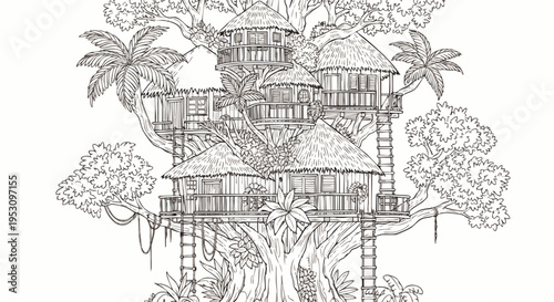 Intricate black and white line art illustration of a multi-level treehouse village nestled within lush jungle foliage and palm trees.