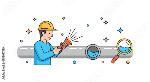 Water pipe inspection scene technician examining a pipe with a flashlight and subtle magnifier icon, symbolizing careful diagnostics and prevention. A clean