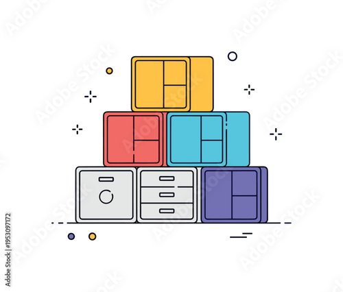 Modular storage furniture concept illustrated by stackable cube units forming a clean geometric structure, expressing flexibility and customizable design. The