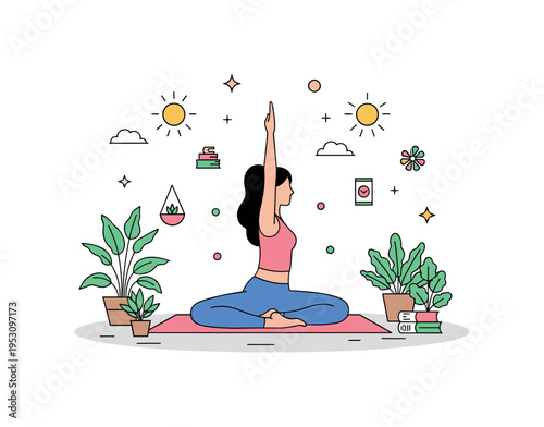 Women's health and wellness with a woman practicing yoga on a mat surrounded by plants and sunlight, emphasizing balance, mindfulness, and self-care.