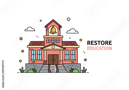 Run down school facade with a faded bell tower and broken steps at the entrance. Minimal decorative grass shapes and a muted ?Restore Education? text accent