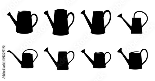 Black and White Silhouette Collection of Various Watering Can Designs and Styles
