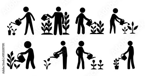 Simple graphic illustration of people tending to plants and garden with watering cans