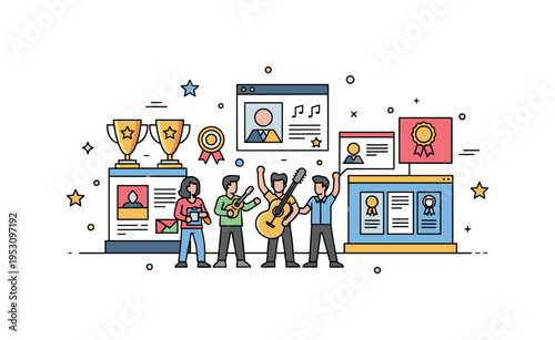 A collaborative creative team celebrating their artwork, music, and design achievements with trophies and colorful displays, reflecting recognition and