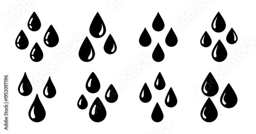 Black and white minimalist depiction of grouped teardrop water drop icons