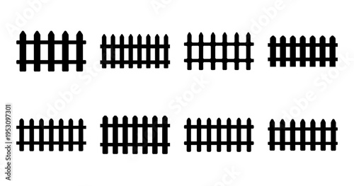 A collection of eight black silhouette fence images against a white background