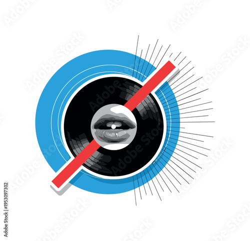 Black and white retro vinyl record with human lips collage in the center label, bright blue circle intersected by a red diagonal bar behind it, concentric