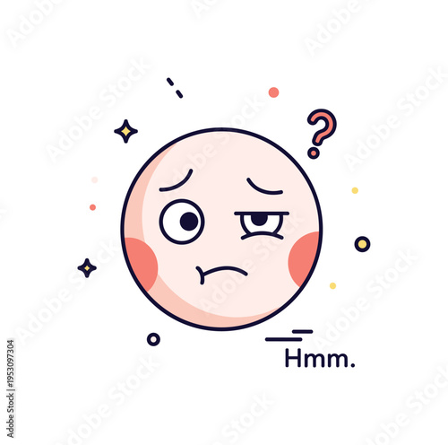 Confused comedic look illustrated by tilted eyebrows and a slightly crooked smile expressing playful uncertainty. Gentle decorative dots and a subtle ?Hmm?