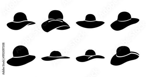 Collection of Eight Black Silhouette Hats on a White Background Display