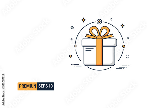 Professional gift packaging badge featuring a perfectly centered box with symmetrical ribbon and subtle circular frame accent, representing precision and
