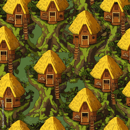 Seamless pattern of traditional huts on stilts in a lush green jungle environment, cartoon style