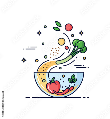 Mixing ingredients fresh vegetables and spices swirling together inside a transparent bowl, creating a lively sense of movement and balance. A compact concept