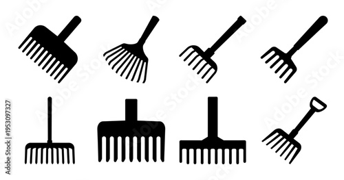 Black Silhouette Collection of Different Style Rakes on a White Background